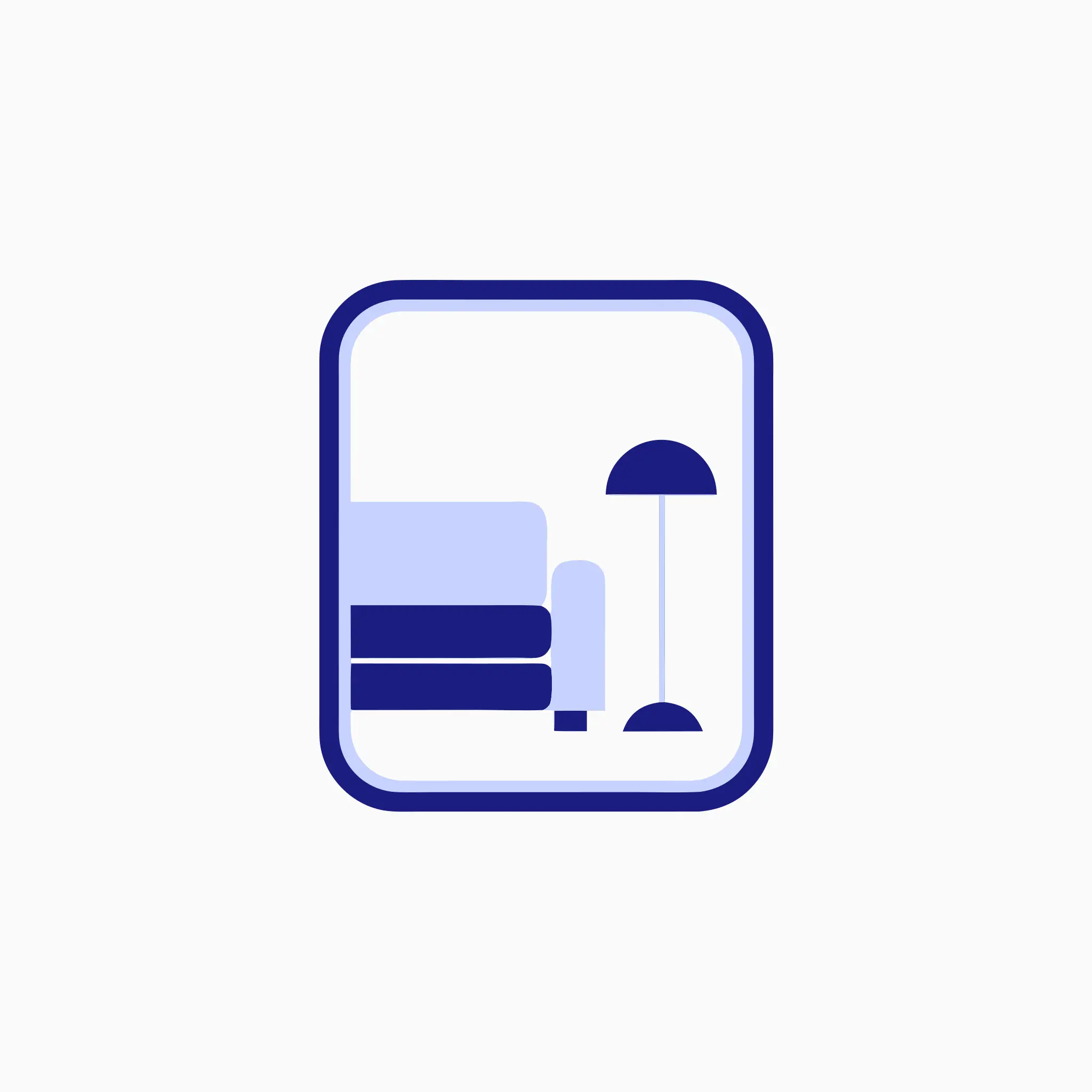 Abstract illustration of a framed interior with simple furniture shapes, representing virtual staging